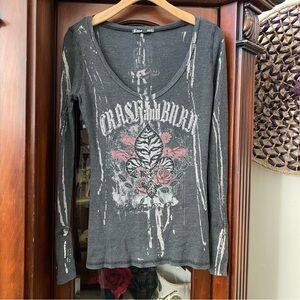 Y2K Crash&Burn Rhinestone Embellished Graphic Long Sleeve Top Women’s XL